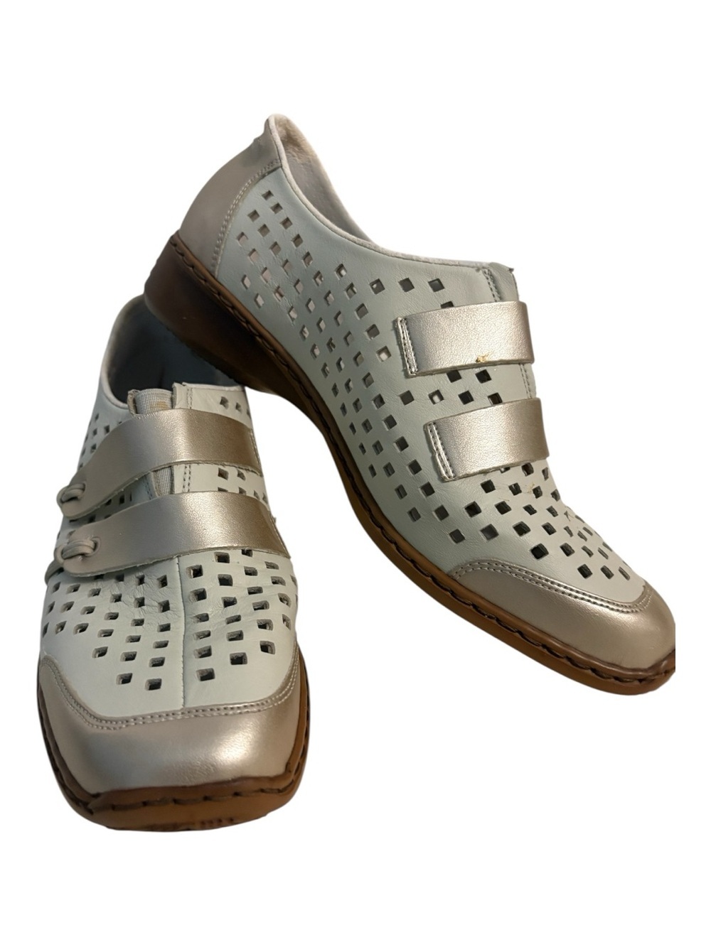 Rieker Perforated Slip-On Shoe in Light Gray and Cream. Size 39.